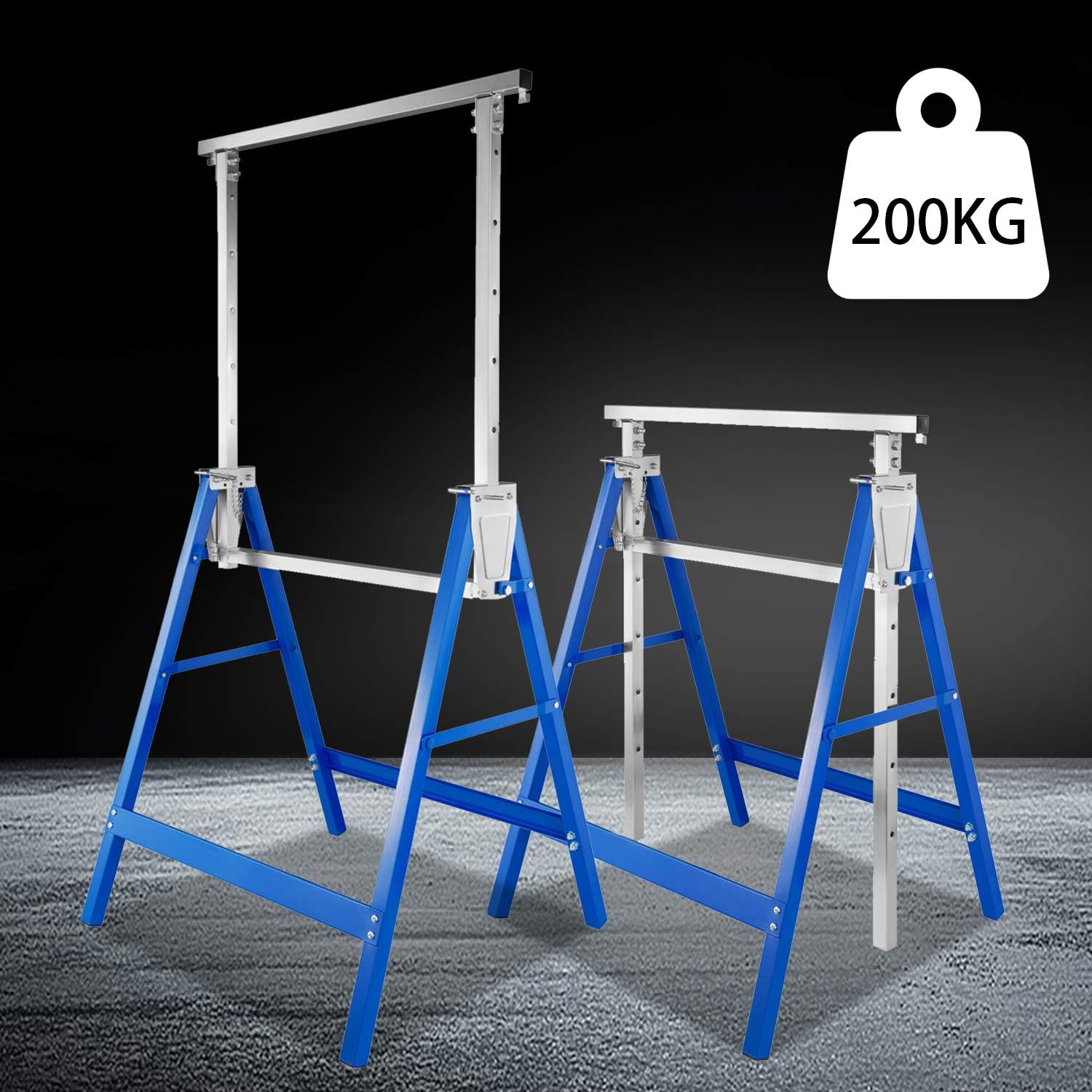 Ansobea Lot de 4 tréteaux déchafaudage réglables en hauteur 80-130 cm 7 positions et béliers pliables jusquà 200 kg Bleu argenté