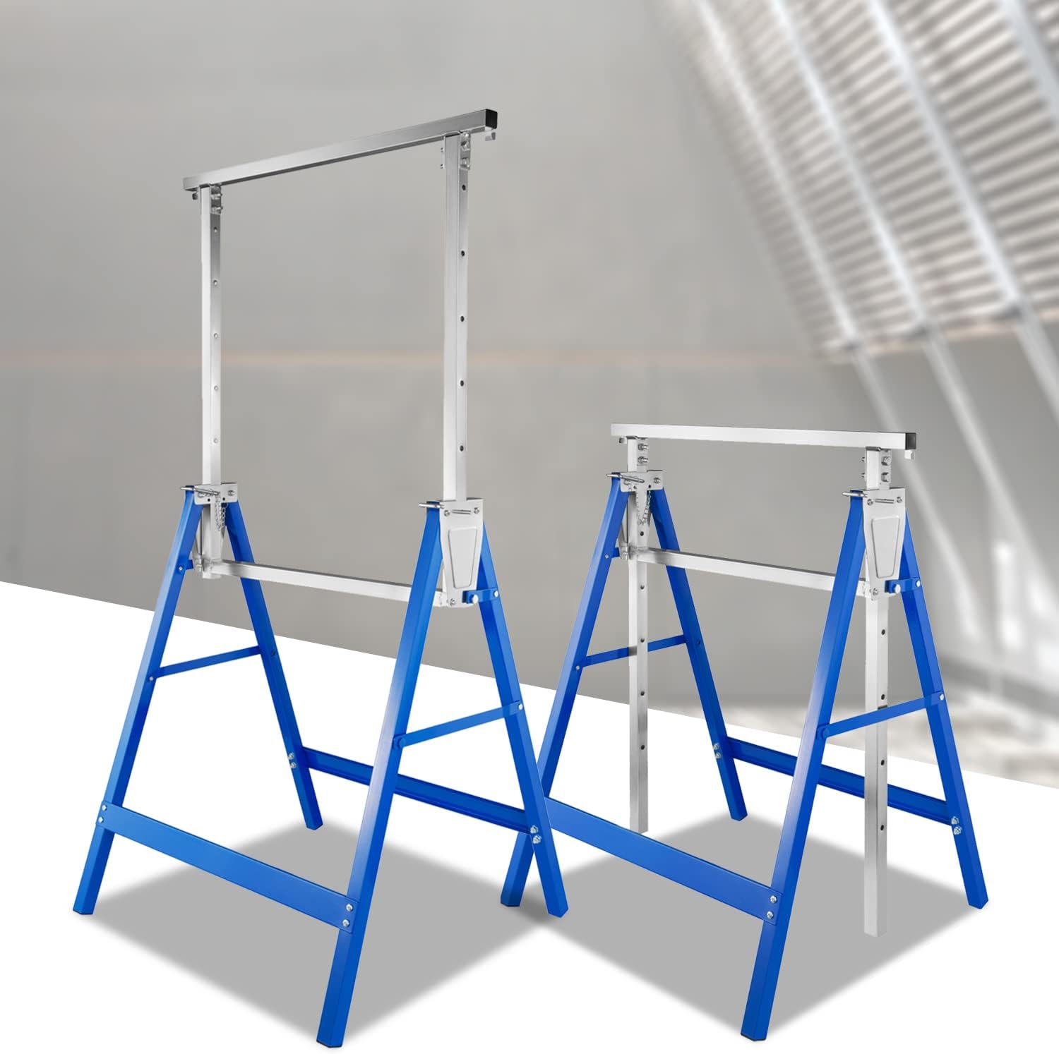 Ansobea Lot de 4 tréteaux déchafaudage réglables en hauteur 80-130 cm 7 positions et béliers pliables jusquà 200 kg Bleu argenté
