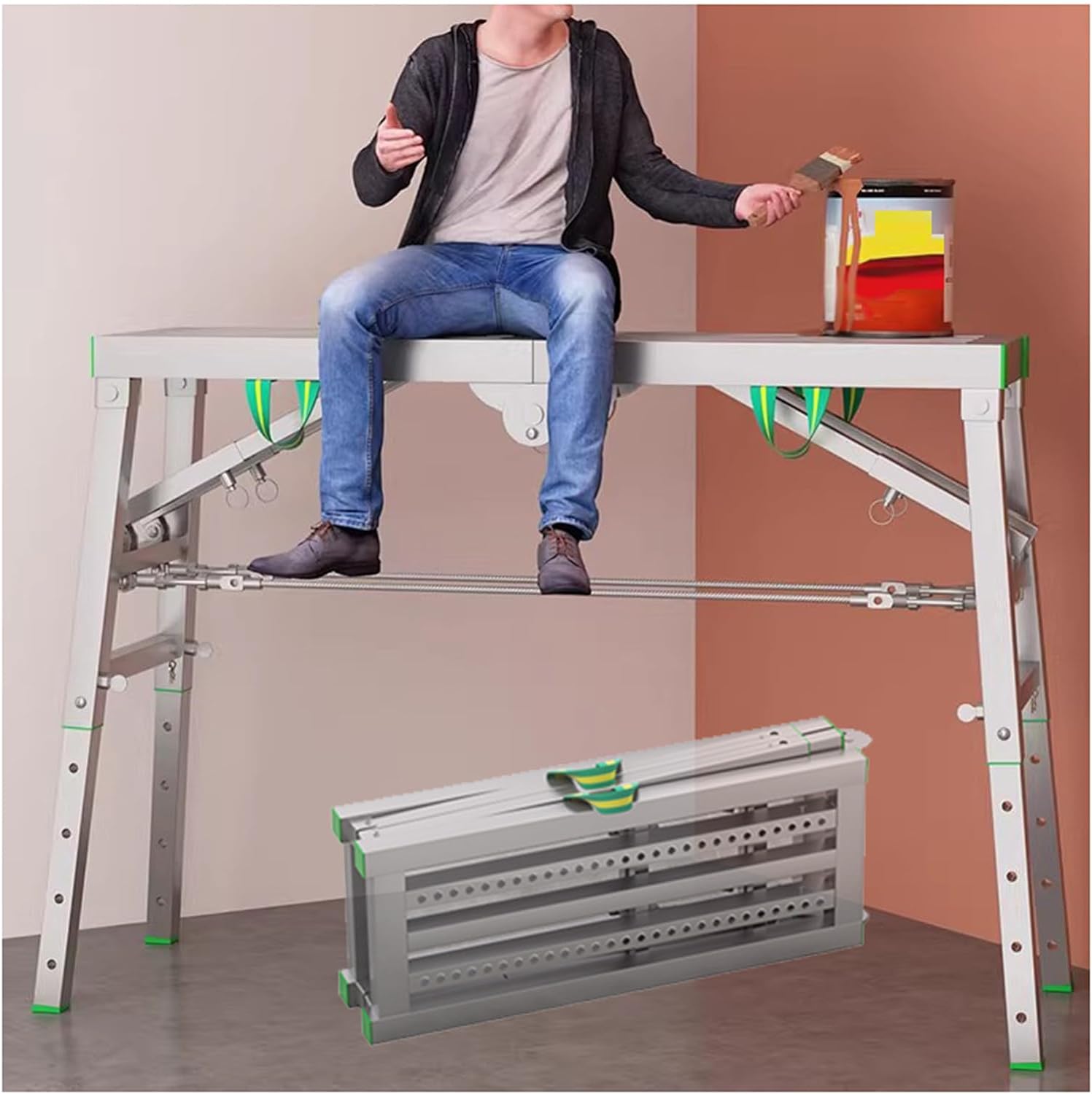 Échafaudage Établi escabeau – Portable Pliant 5 vitesses Hauteur réglable Multi-usage Plateforme Échafaudage pour ingénierie domestique