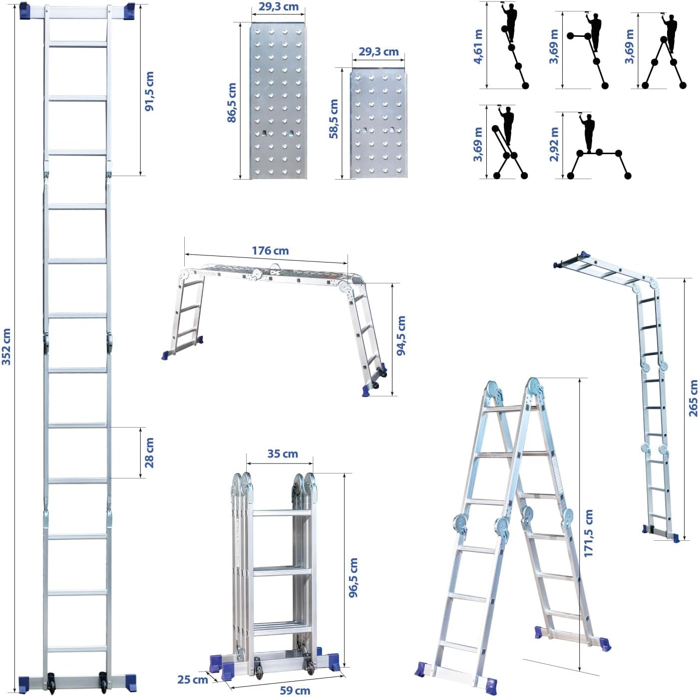 Echelle pliante articulée STAVALANCE 4x3 marches, echafaudage multifonction, ecarteur de mur, escabeau, 2 plaques plateforme de travail, Hostrom