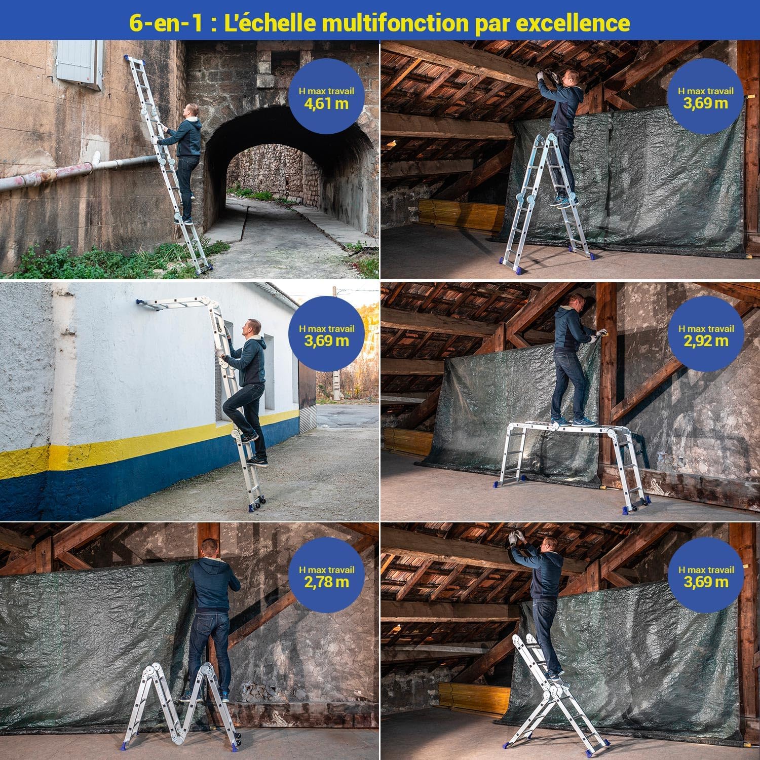 Echelle pliante articulée STAVALANCE 4x3 marches, echafaudage multifonction, ecarteur de mur, escabeau, 2 plaques plateforme de travail, Hostrom