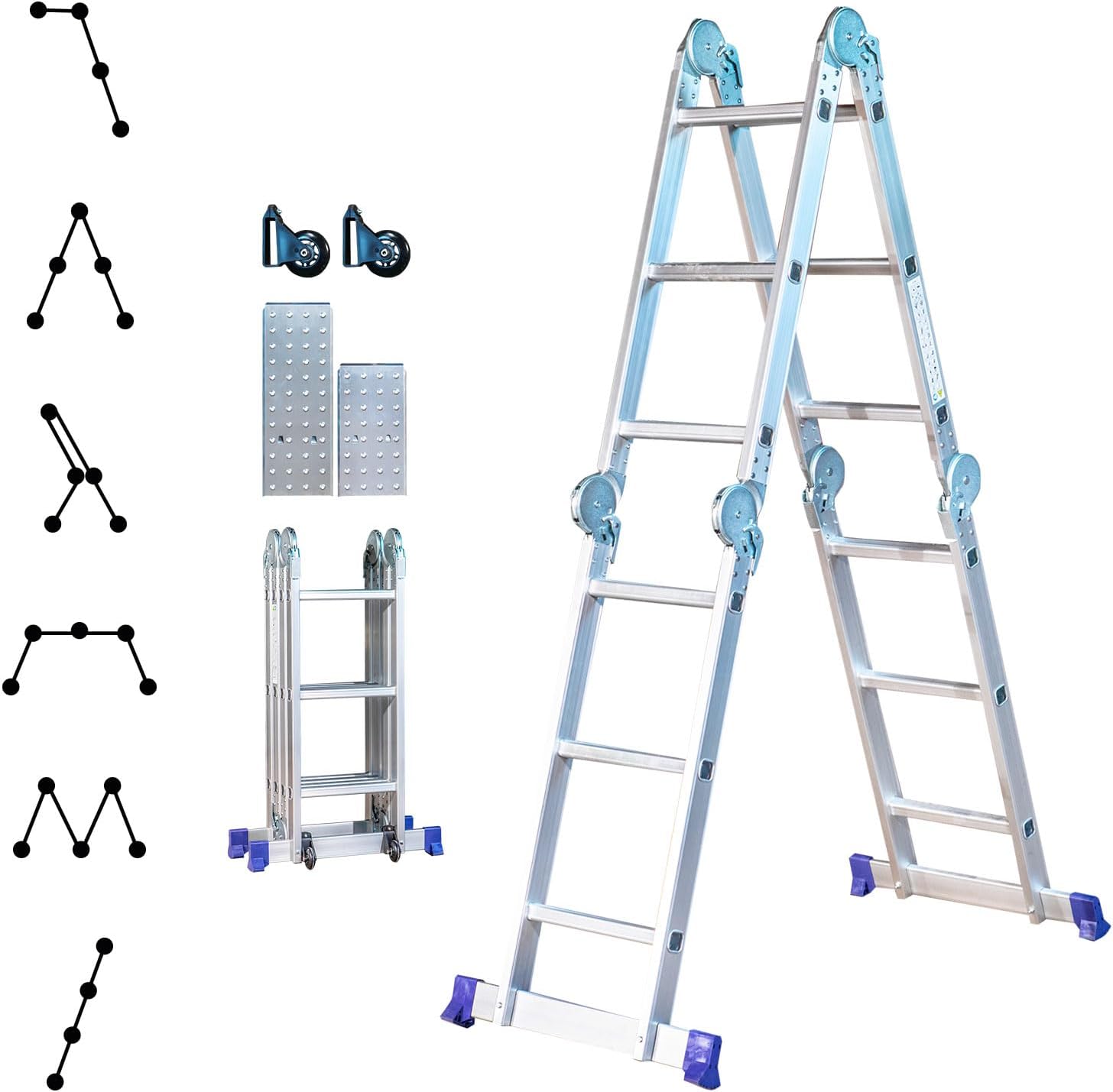 Echelle pliante articulée STAVALANCE 4x3 marches, echafaudage multifonction, ecarteur de mur, escabeau, 2 plaques plateforme de travail, Hostrom
