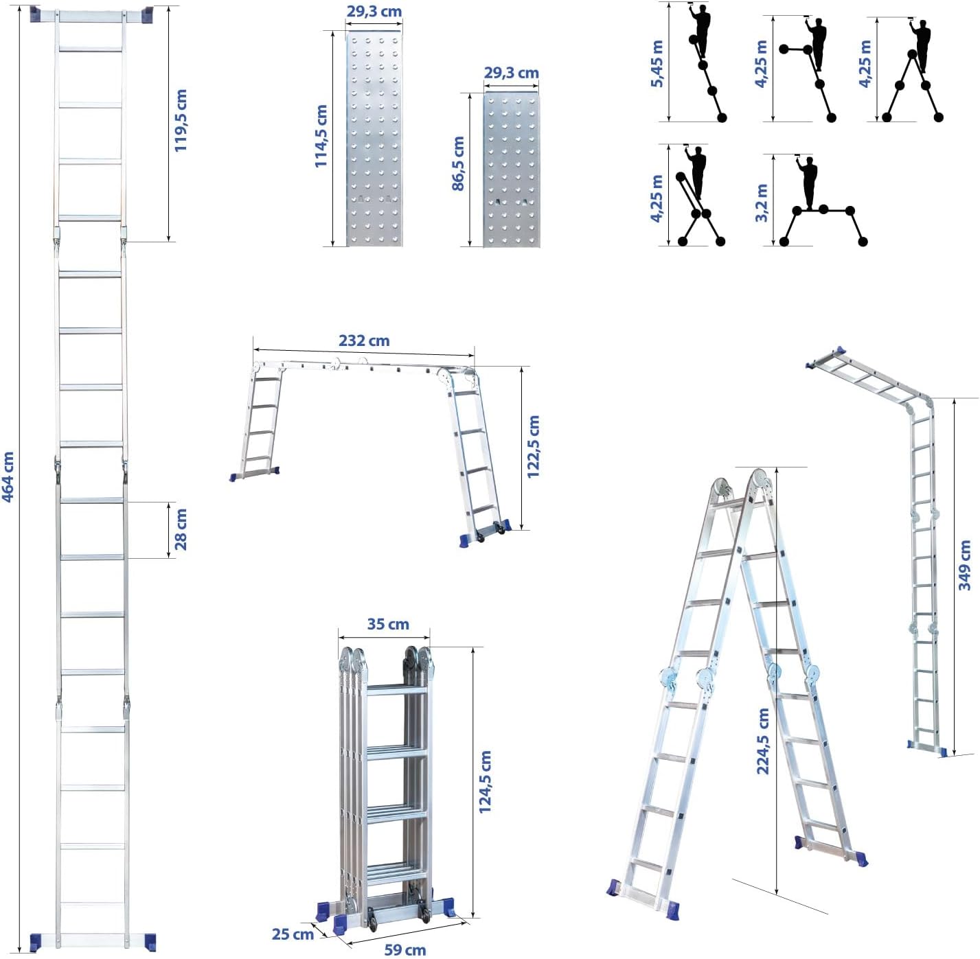 Echelle pliante articulée STAVALANCE 4x4 marches, echafaudage multifonction, ecarteur de mur, escabeau, 2 plaques plateforme de travail, Hostrom