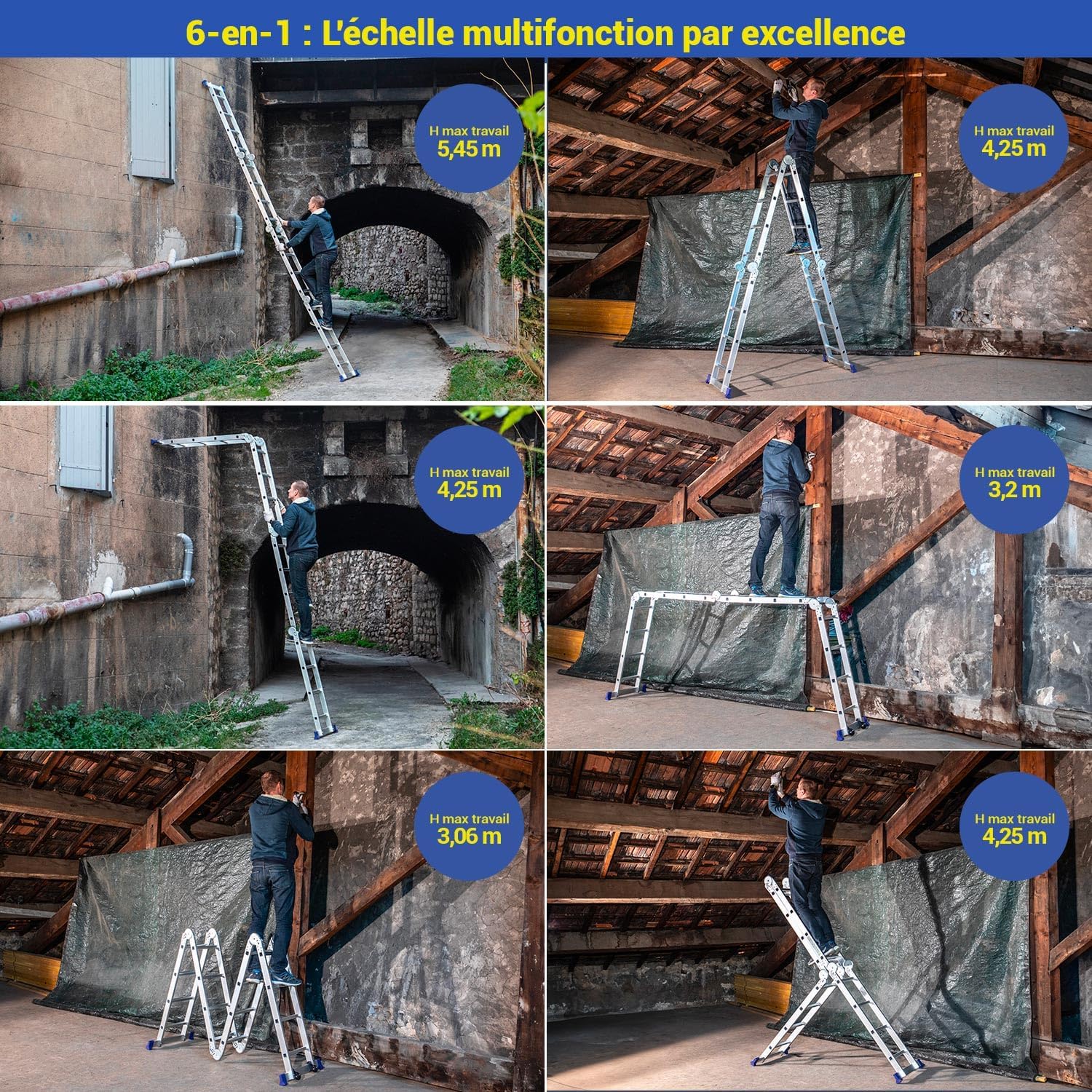 Echelle pliante articulée STAVALANCE 4x4 marches, echafaudage multifonction, ecarteur de mur, escabeau, 2 plaques plateforme de travail, Hostrom