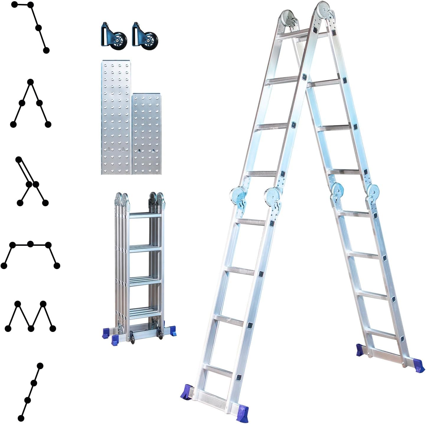 Echelle pliante articulée STAVALANCE 4x4 marches, echafaudage multifonction, ecarteur de mur, escabeau, 2 plaques plateforme de travail, Hostrom