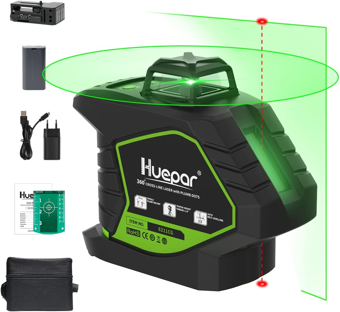 Huepar Niveau Laser Vert à 2 x 360 avec Batterie Li-ion Rechargeable, Laser Level Auto-nivellement avec Port de Charge de Type-C et Étui de Transport à Coque Rigide Inclus - B02CG