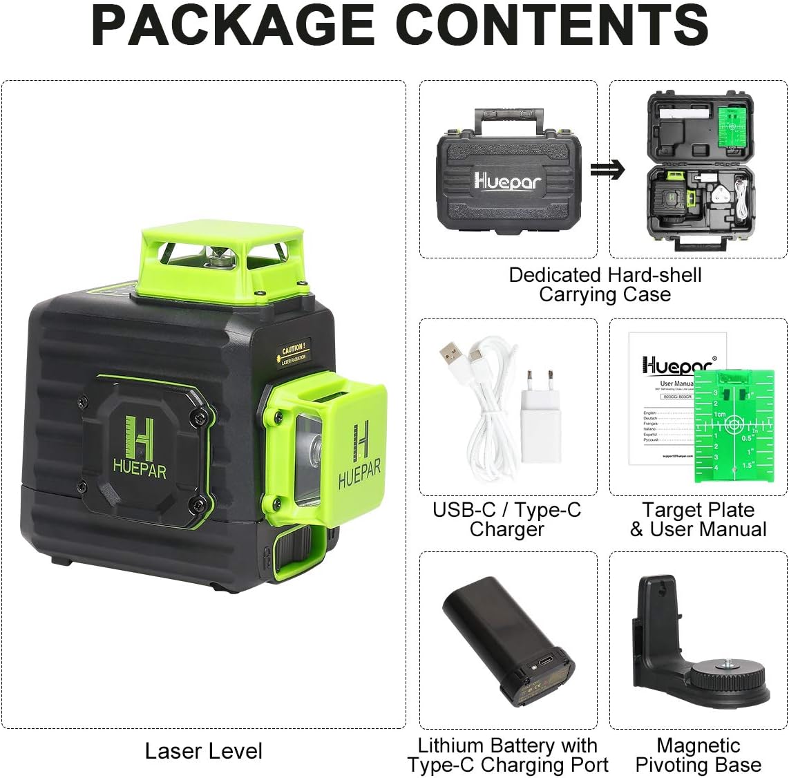 Huepar Niveau Laser Vert à 2 x 360 avec Batterie Li-ion Rechargeable, Laser Level Auto-nivellement avec Port de Charge de Type-C et Étui de Transport à Coque Rigide Inclus - B02CG