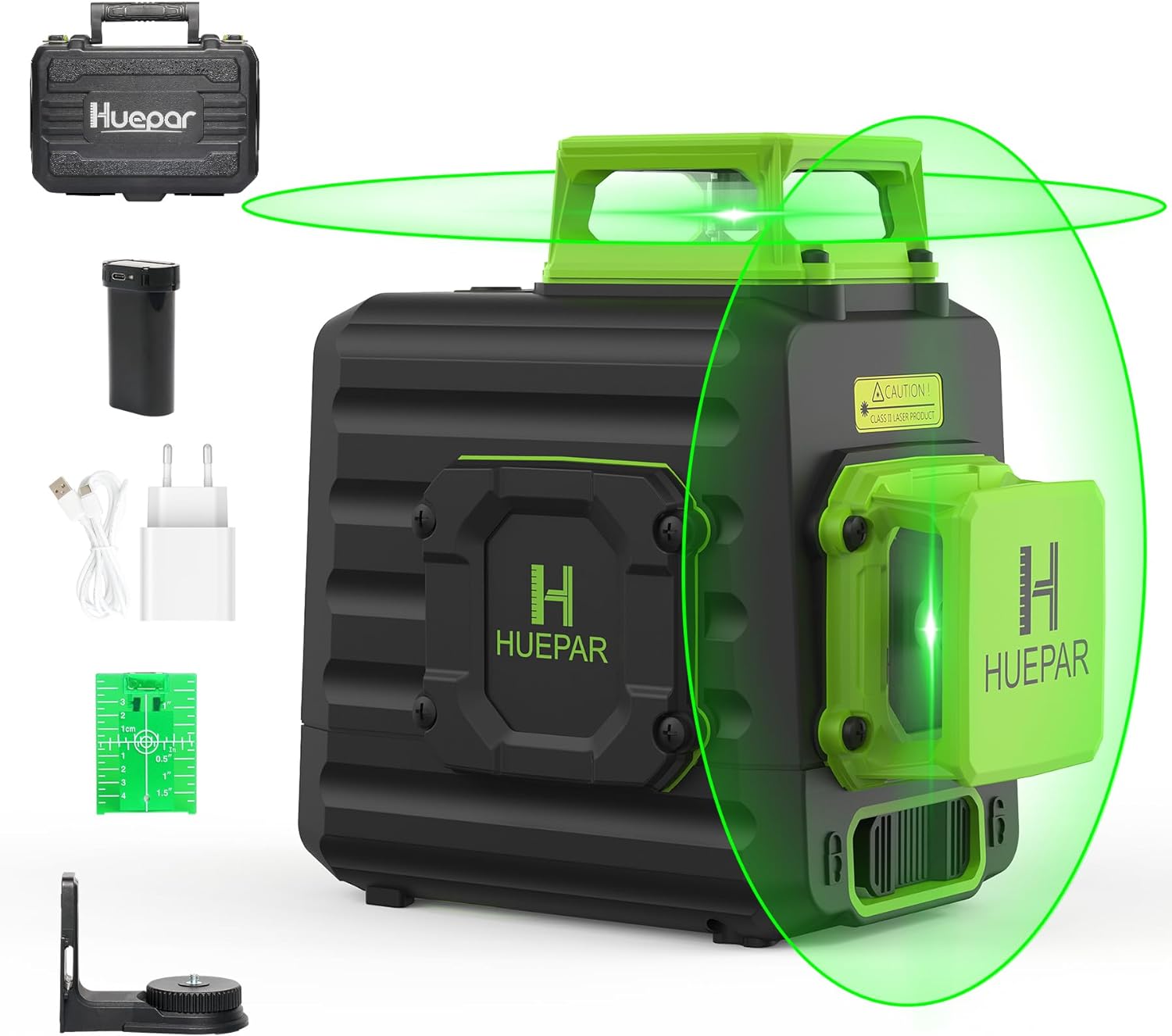 Huepar Niveau Laser Vert à 2 x 360 avec Batterie Li-ion Rechargeable, Laser Level Auto-nivellement avec Port de Charge de Type-C et Étui de Transport à Coque Rigide Inclus - B02CG