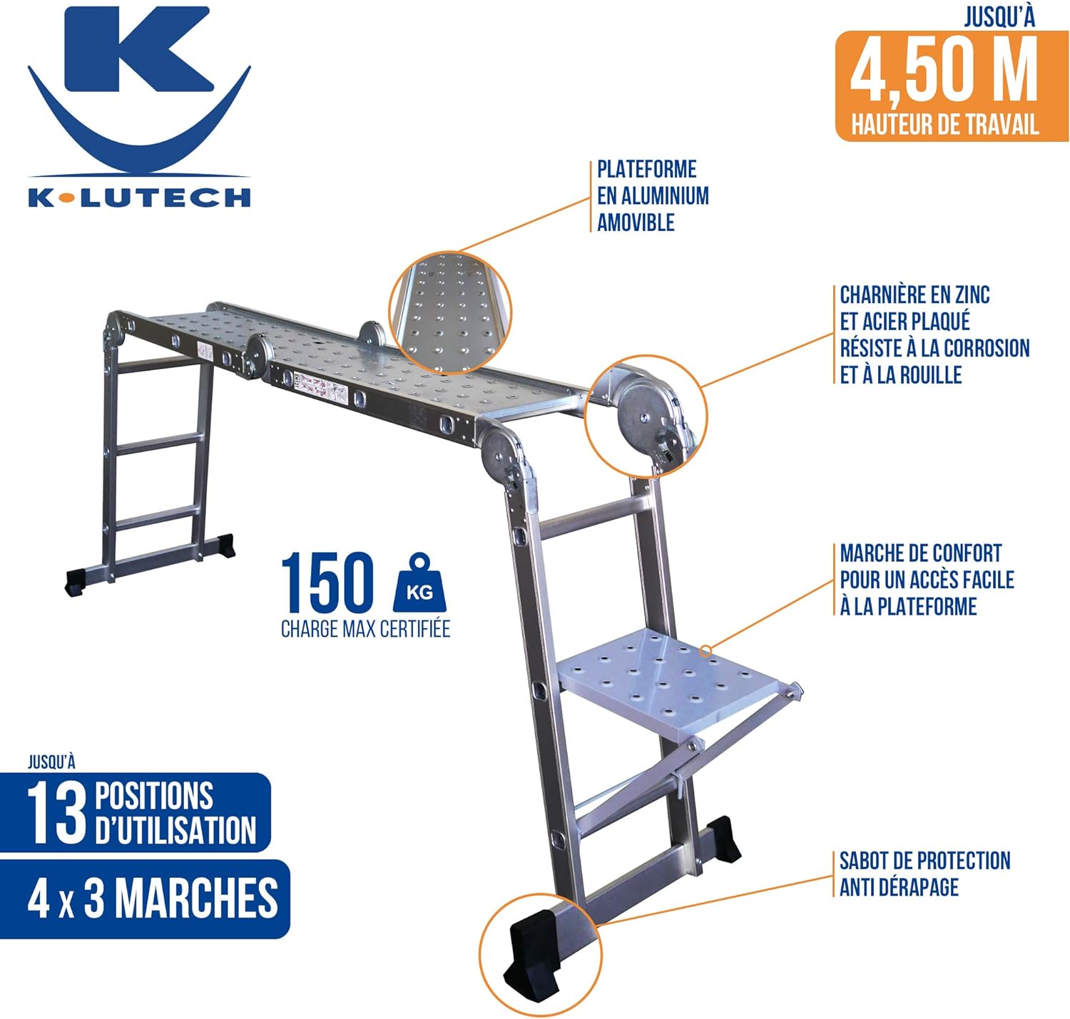 KELI - Echelle articulée 3,5m Multifonctions,Multi-Position,Plateforme,Fabriqué en Alu, Qualité Professionnelle, Marche daccès Confort, Certifiée à 150kg, EN131 CE