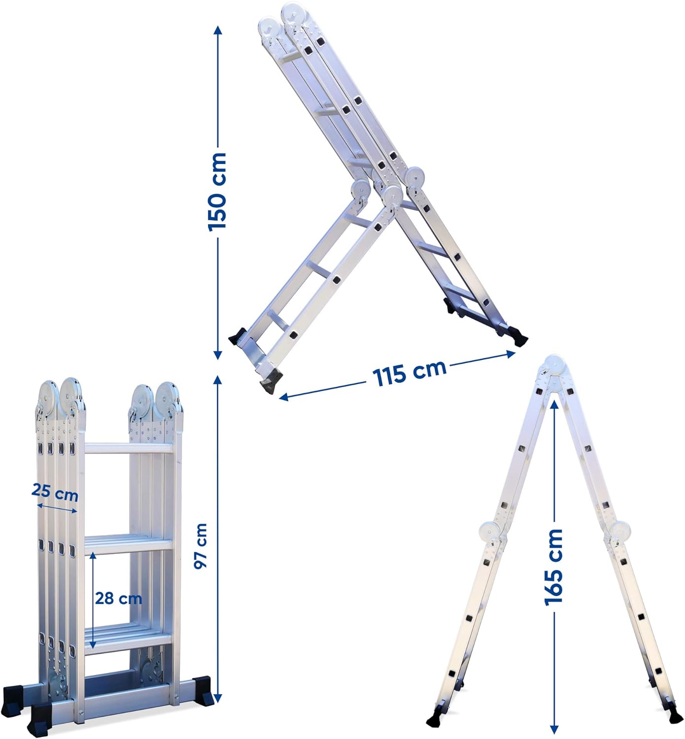 KELI - Echelle articulée 3,5m Multifonctions,Multi-Position,Plateforme,Fabriqué en Alu, Qualité Professionnelle, Marche daccès Confort, Certifiée à 150kg, EN131 CE