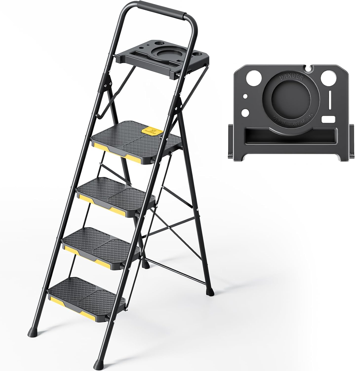 KINGRACK Escabeau 4 Marches avec Plateau à Outils, Large Pédale Antidérapante, Marchepied Pliable avec Mains Courantes, Échelle Domestique pour Maison, Cuisine, Garde-Manger, Placards et Bureau, Noir