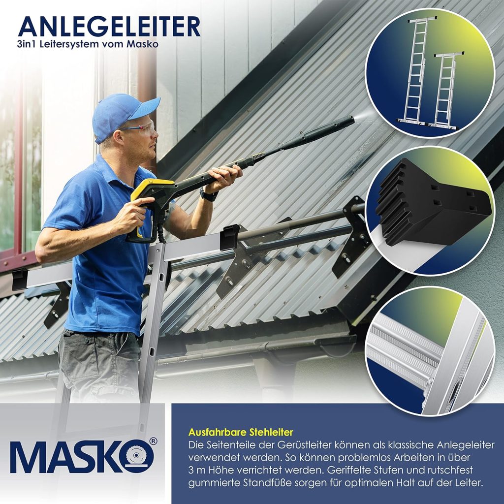 Masko® Échafaudage de chantier Échafaudage en aluminium Aluminium Échelle Échafaudage de travail Plate-forme de travail | Peut supporter jusquà 150 KG | Contrôlé GS (EN 131)