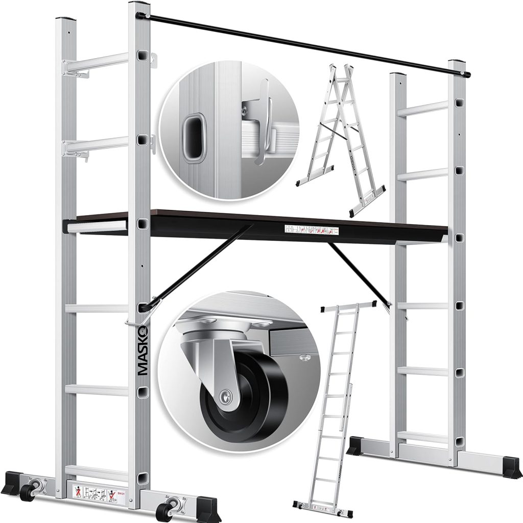 Masko® Échafaudage de chantier Échafaudage en aluminium Aluminium Échelle Échafaudage de travail Plate-forme de travail | Peut supporter jusquà 150 KG | Contrôlé GS (EN 131)