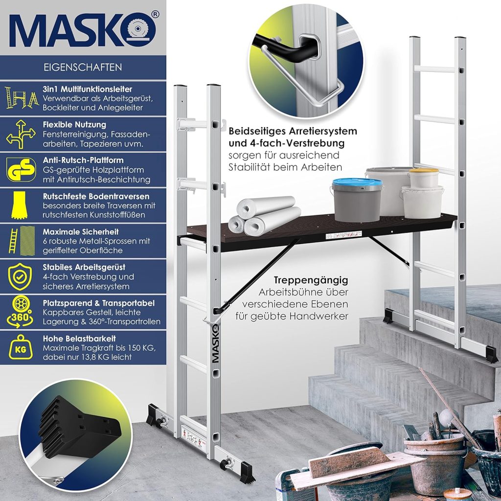 Masko® Échafaudage de chantier Échafaudage en aluminium Aluminium Échelle Échafaudage de travail Plate-forme de travail | Peut supporter jusquà 150 KG | Contrôlé GS (EN 131)