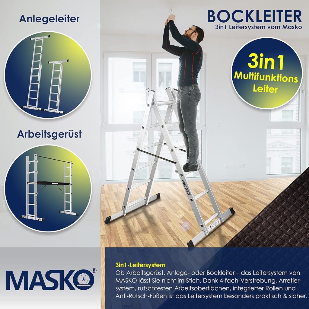 Masko® Échafaudage de chantier Échafaudage en aluminium Aluminium Échelle Échafaudage de travail Plate-forme de travail | Peut supporter jusquà 150 KG | Contrôlé GS (EN 131)