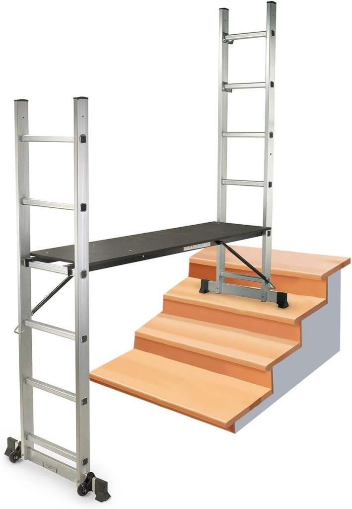 MAXCRAFT Échafaudage Multifonction Échelle Pliable 12 Echelons Bricolage avec plateforme de travail mobile avec des Roues Main courante Aluminium EN131 Charge 150 kg