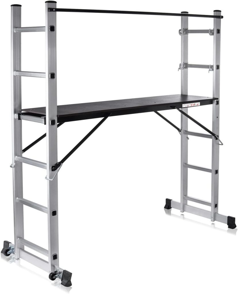 MAXCRAFT Échafaudage Multifonction Échelle Pliable 12 Echelons Bricolage avec plateforme de travail mobile avec des Roues Main courante Aluminium EN131 Charge 150 kg