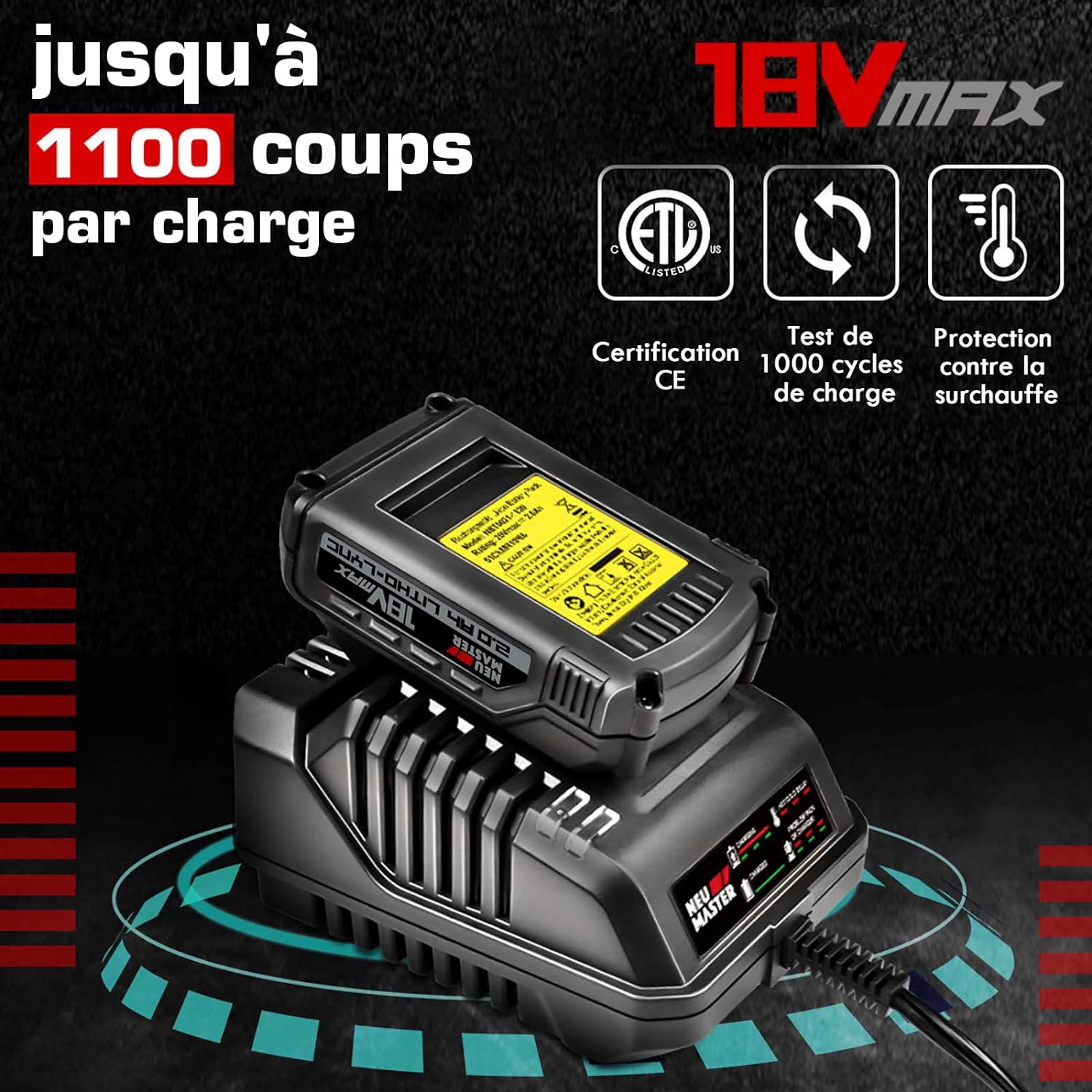 NEU MASTER Cloueuse sans fil, Pistolet à Clous/Agrafeuse pour les projets de Tapisserie dameublement, de Menuiserie et de Travail du bois, Inclure Batterie Li-ion 2.0Ah et Chargeur NTC0023