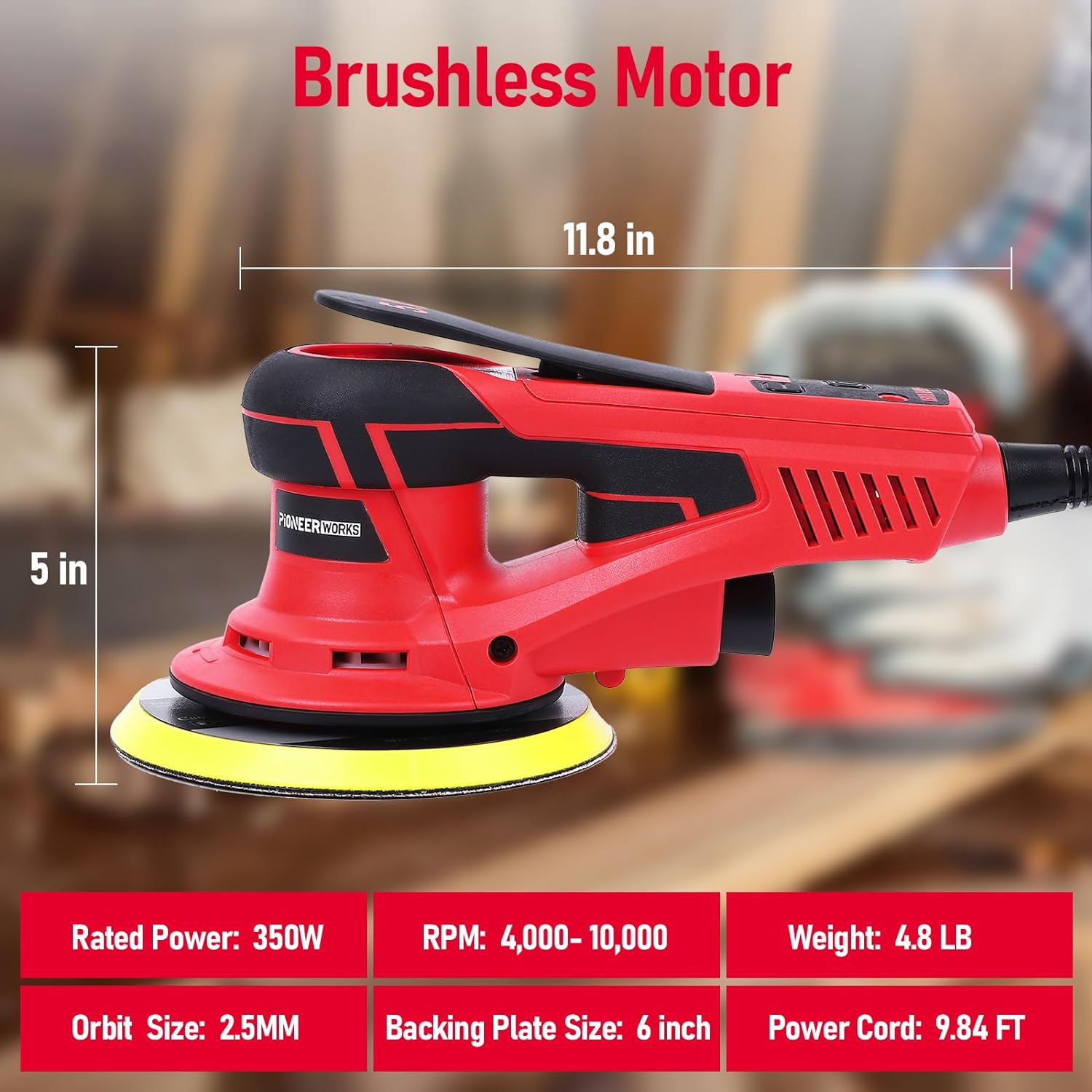 Ponceuse orbitale électrique aléatoire, ponceuse à moteur sans balais, puissant 350W et faible vibration, 10000 tr/min, 6 pouces pour le travail du bois, le polissage, la menuiserie