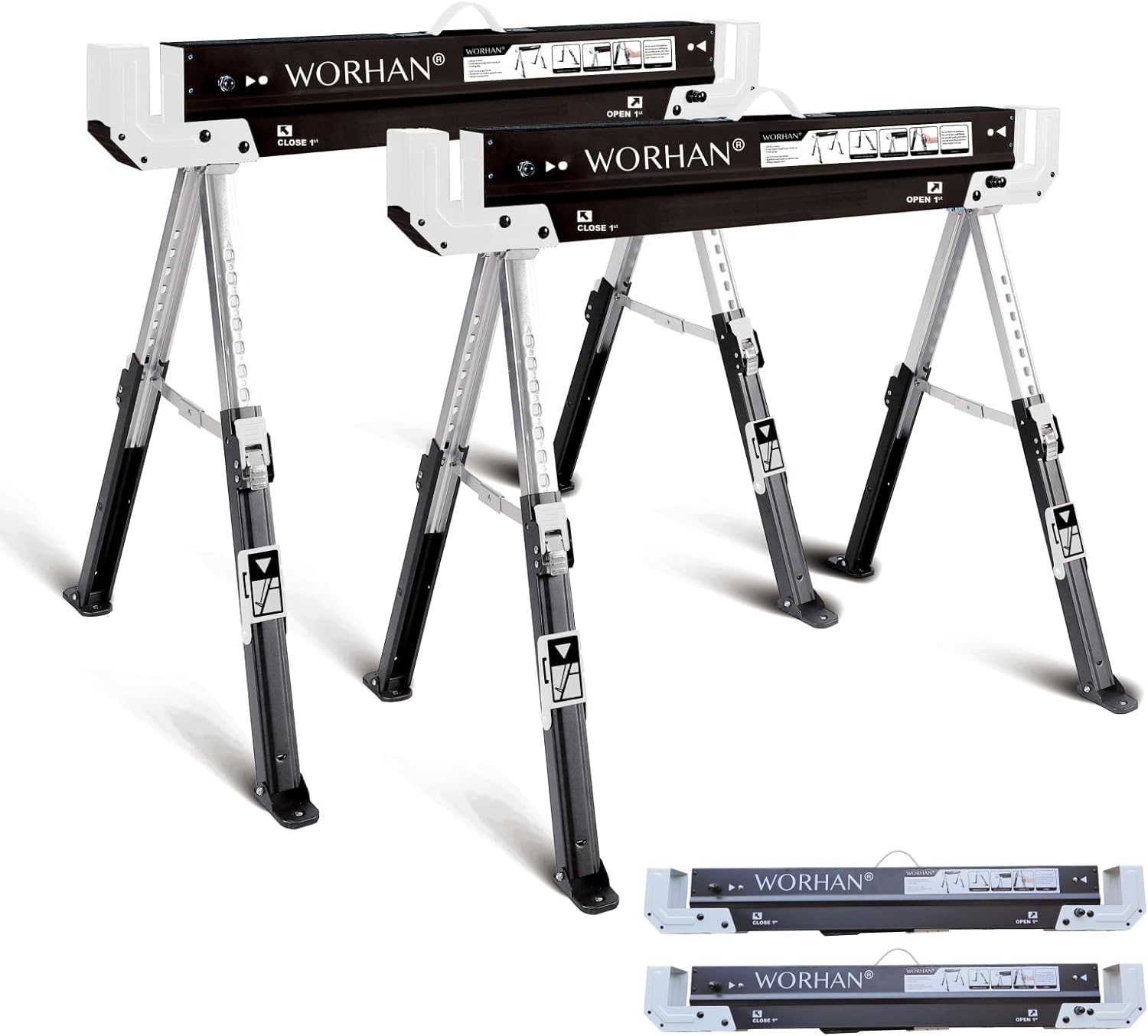 WORHAN S600B Tréteaux Paire Robuste Stable (Set de 2) Pieds Antidérapants Ajustables Réglage Rapide Chavalet Sciage Pliants Acier Galvanisé